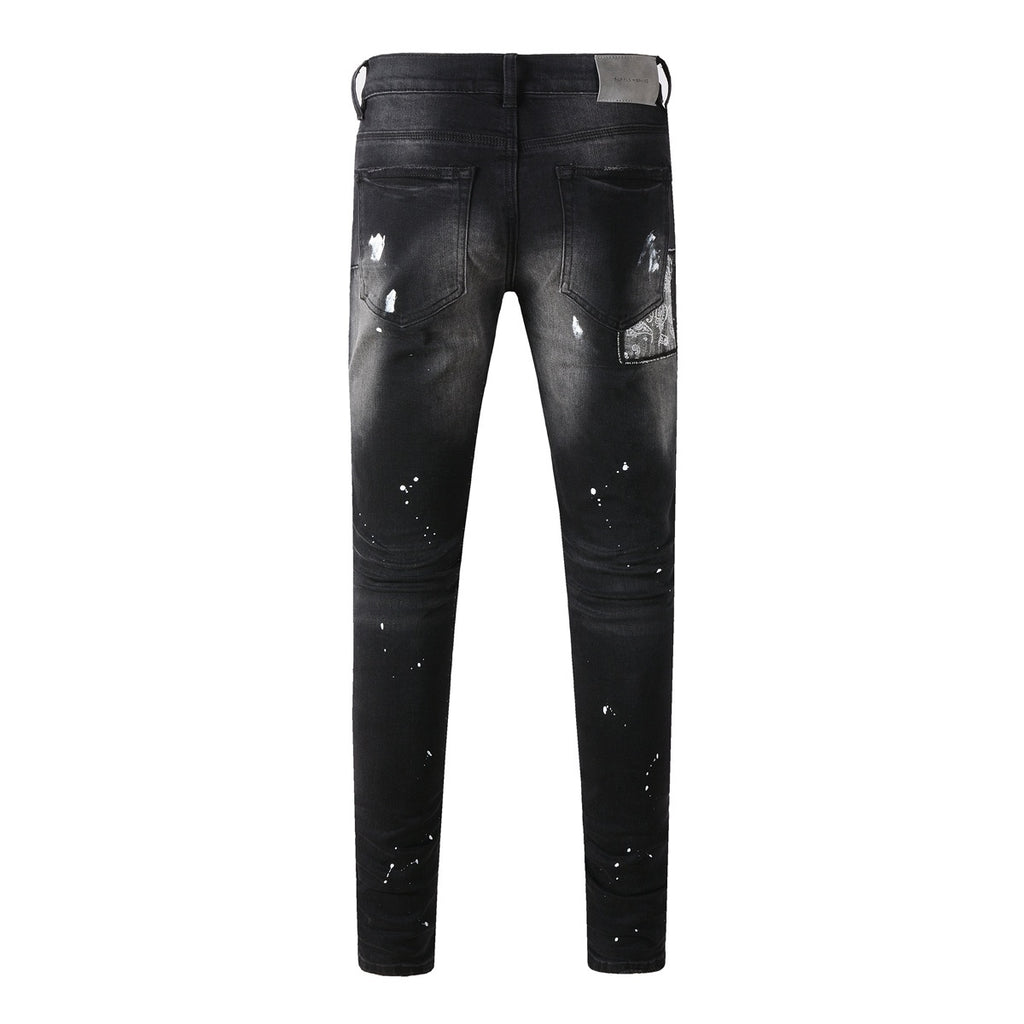 Men's Distressed Black Skinny Jeans with Bandanna Patchwork, Ripped Holes & Button Fly