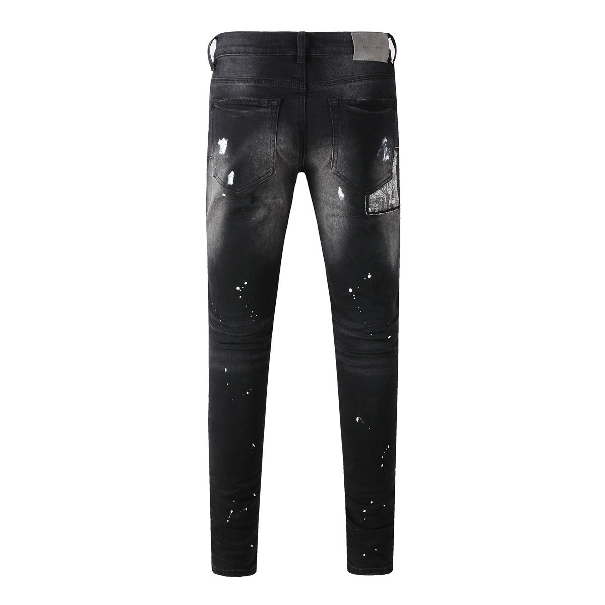 Men's Distressed Black Skinny Jeans with Bandanna Patchwork, Ripped Holes & Button Fly