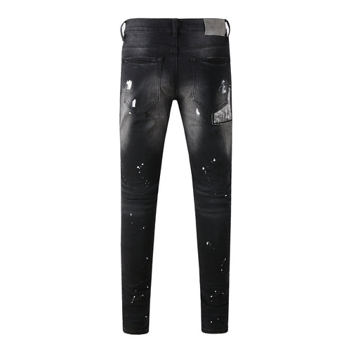 Men's Distressed Black Skinny Jeans with Bandanna Patchwork, Ripped Holes & Button Fly