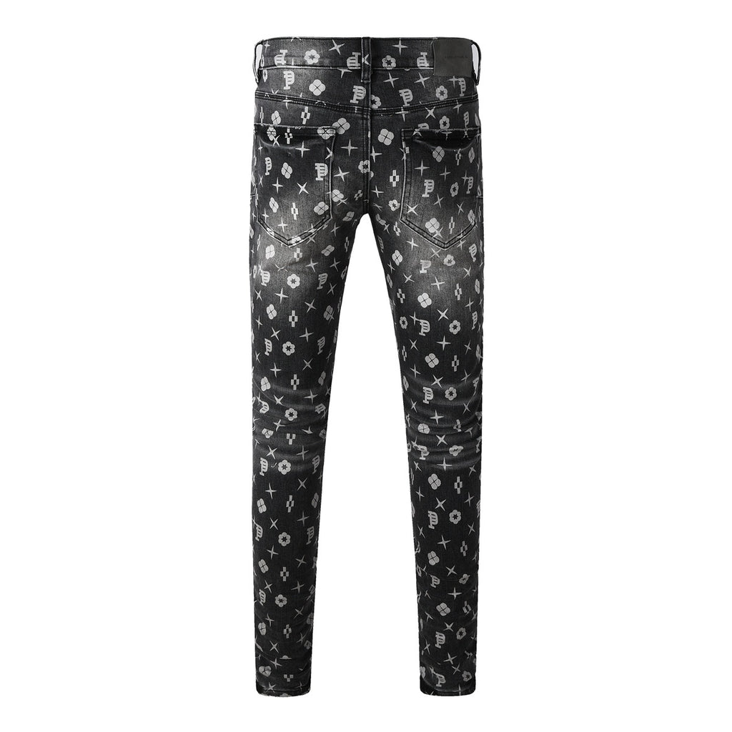 Distressed Skinny Jeans with Laser Print Patterns & Ripped Holes & Button Fly