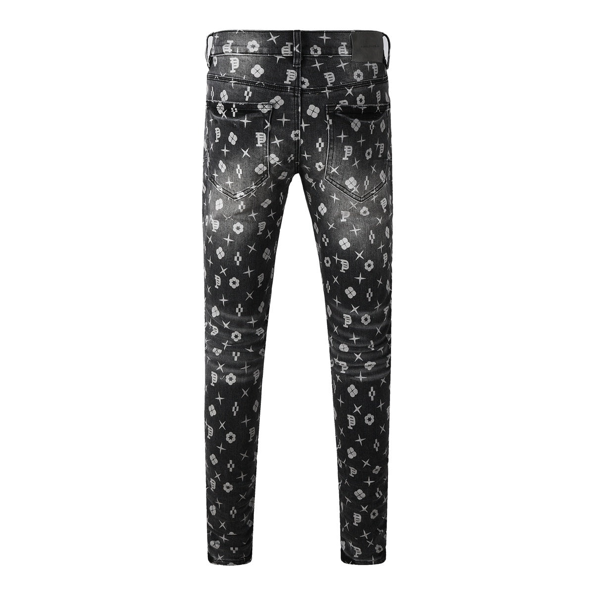 Distressed Skinny Jeans with Laser Print Patterns & Ripped Holes & Button Fly