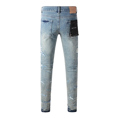 Men's Distressed Light Blue Graffiti Ripped Skinny Jeans with Button Fly & Damaged Holes