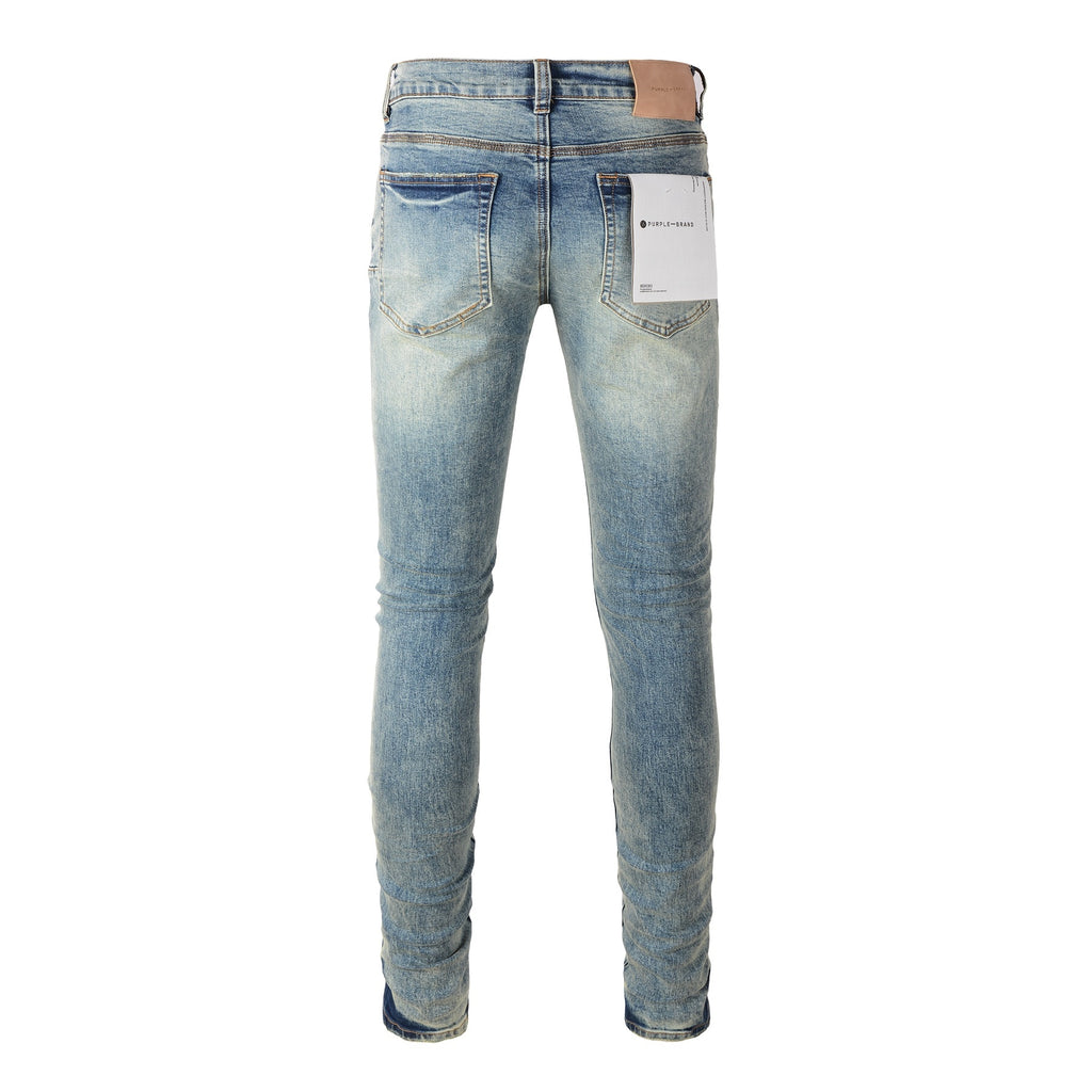 Men's Distressed Light Blue Patchwork Stretch Slim Fit Ripped Denim Jeans