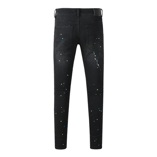 Men's Distressed Dark Black Skinny Jeans with Graffiti & Spray Paint Design & Ripped Holes