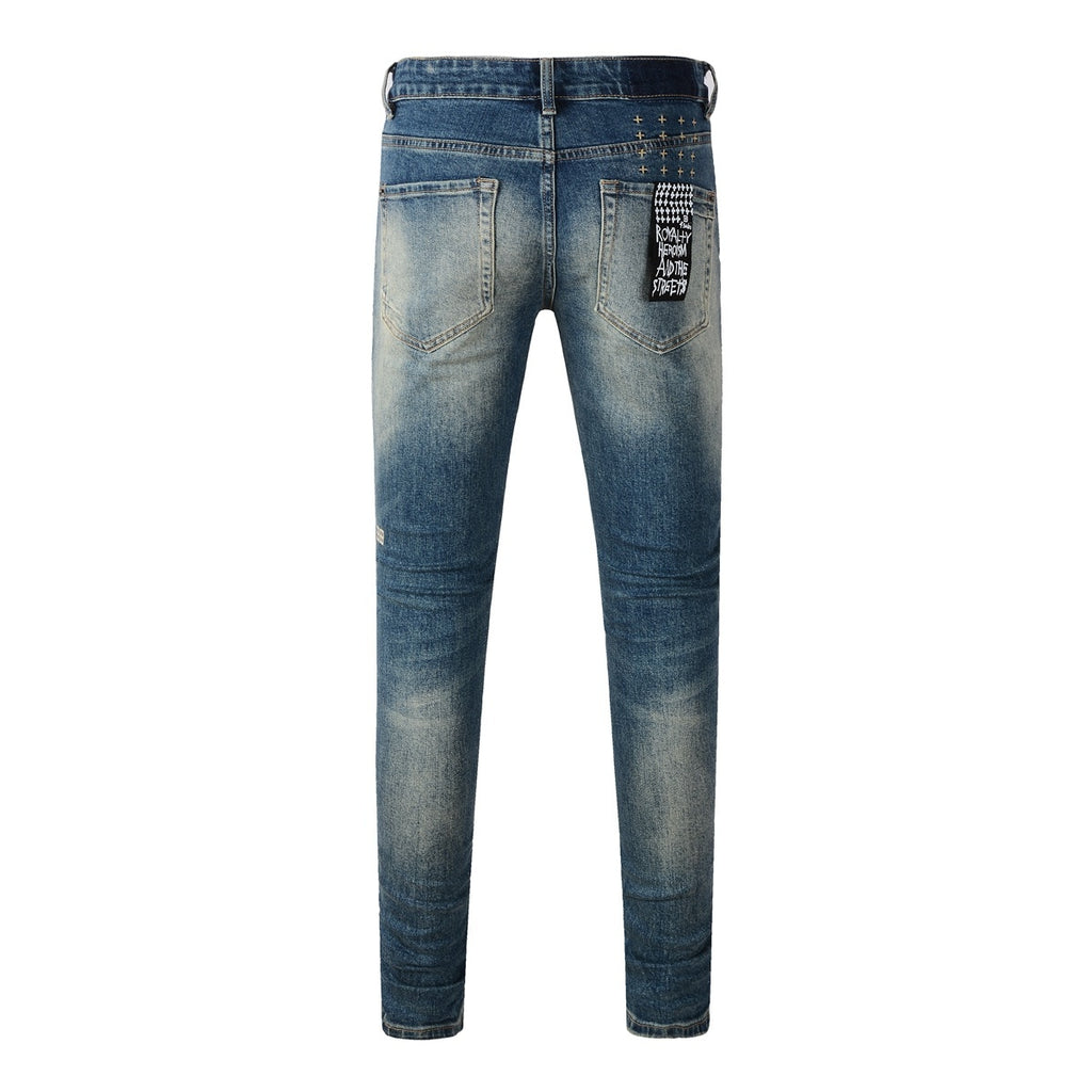 Men's Vintage Blue Multi-Rip Distressed Skinny Jeans - Stretch Denim