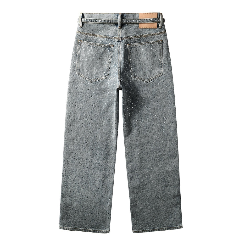 Men’s Baggy Light Blue Rhinestone Jeans – Loose Fit Wide Leg Denim