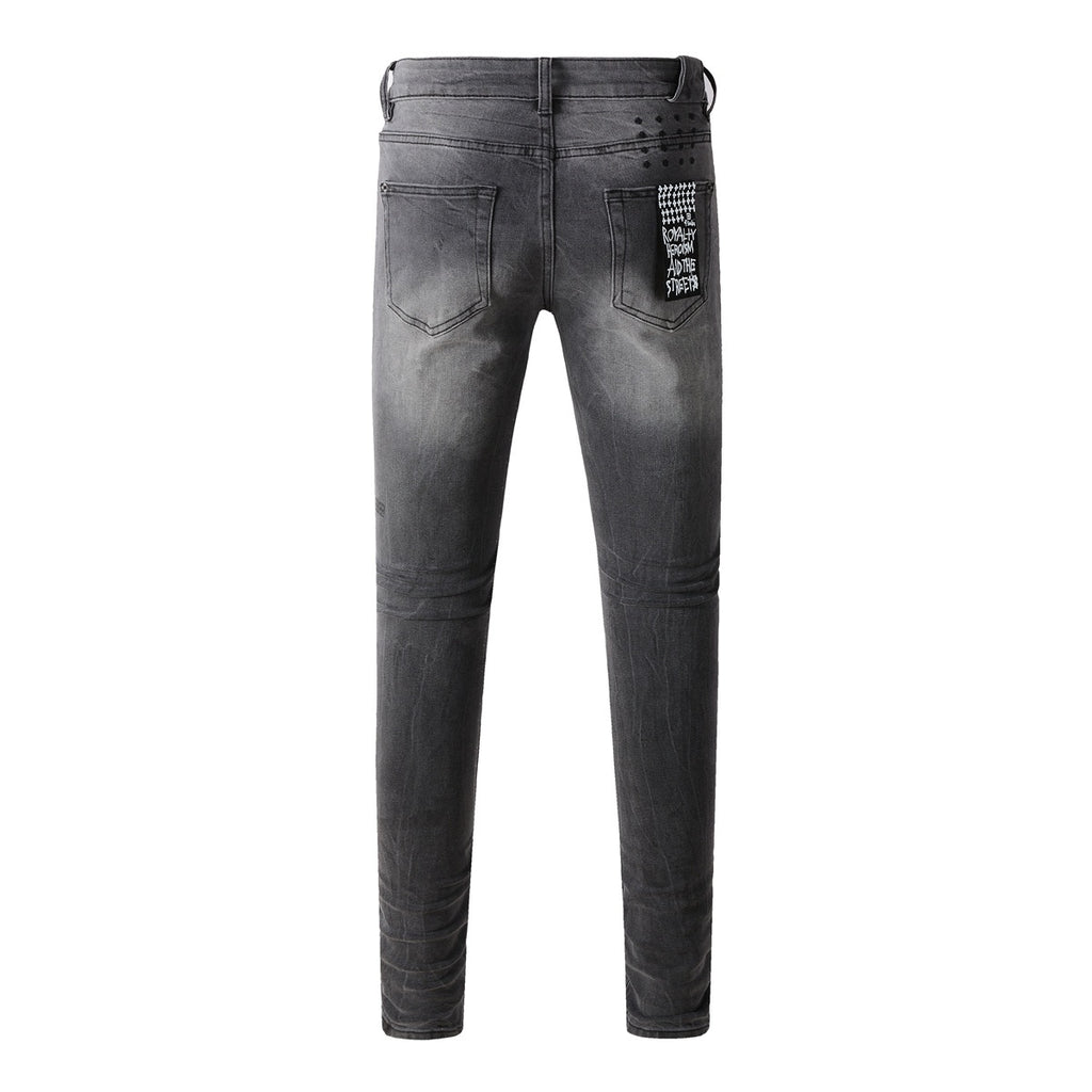 Men's Grey Wash Patchwork Distressed Skinny Jeans - Stretch Denim