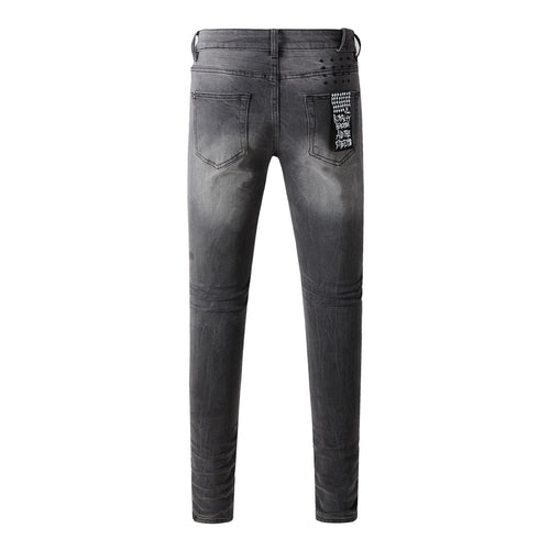 Men's Grey Wash Patchwork Distressed Skinny Jeans - Stretch Denim