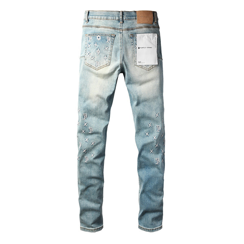 Men's Light Wash Embroidered Letter Skinny Jeans | Streetwear Slim Fit Distressed Denim Pants