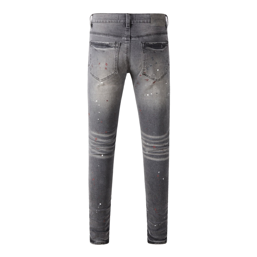 Men's Distressed Gray Graffiti Skinny Jeans with Ripped Holes & Button Fly