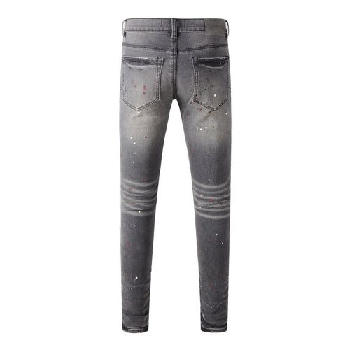 Men's Distressed Gray Graffiti Skinny Jeans with Ripped Holes & Button Fly