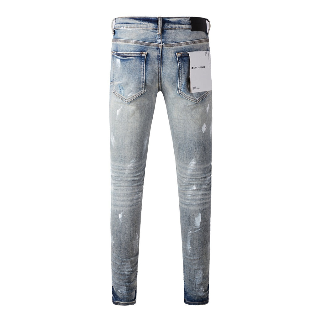 Men's Streetwear Slim Fit Distressed Blue Damaged Holes Graffiti Stretch Ripped Jeans