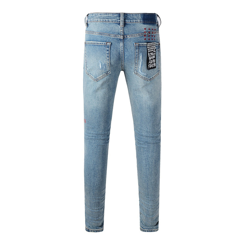 Men’s Ksubi Style Light Blue Patchwork Distressed Skinny Jeans Streetwear Denim