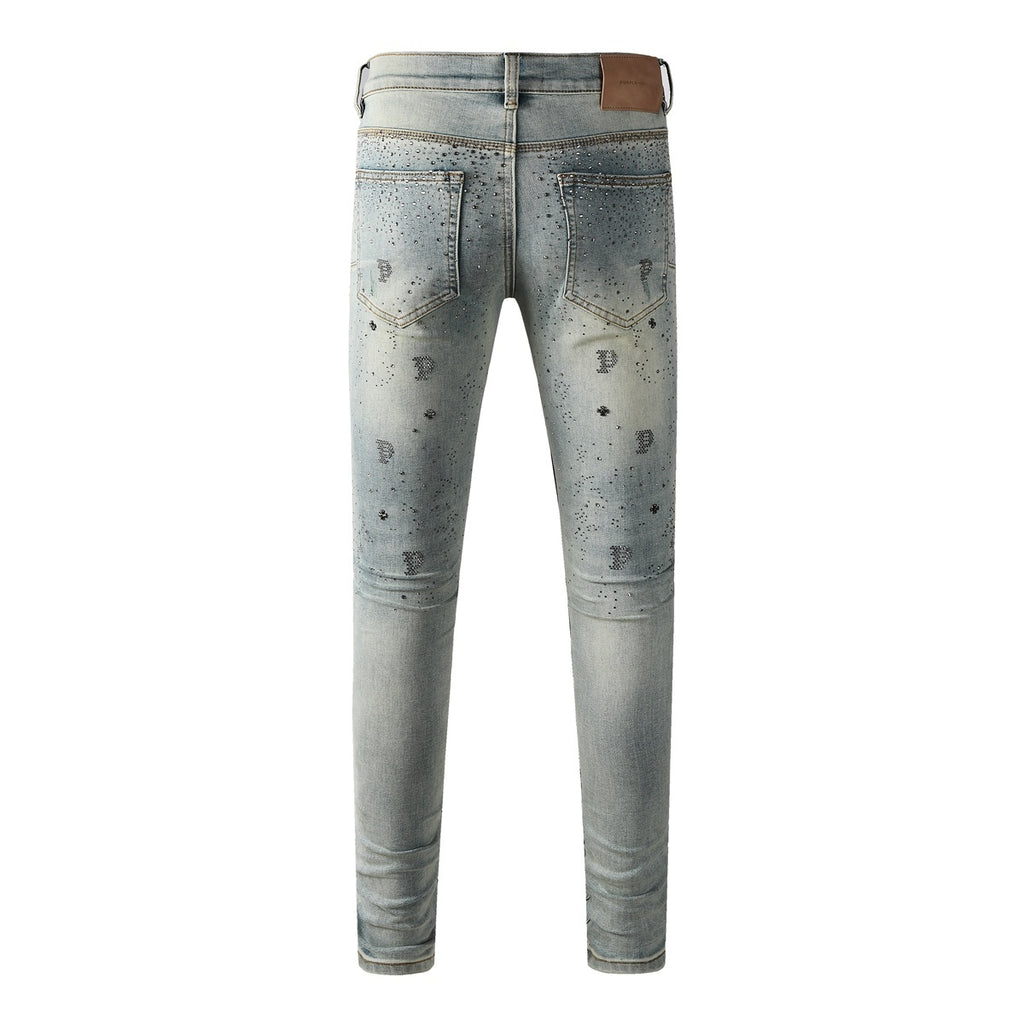Purple Brand Men's Distressed Skinny Jeans with Cross Rhinestones, Ripped Holes & Button Fly
