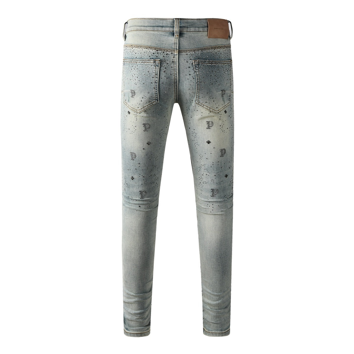Purple Brand Men's Distressed Skinny Jeans with Cross Rhinestones, Ripped Holes & Button Fly
