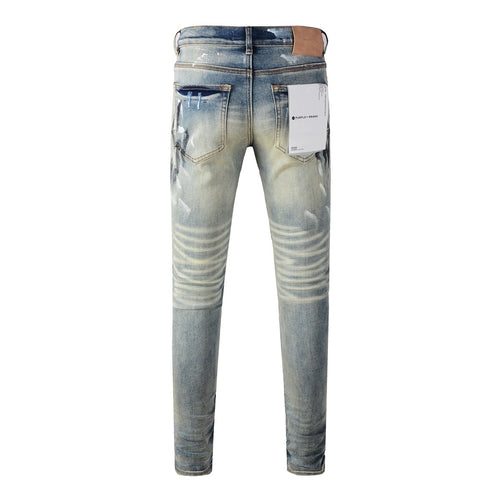 Men High Street Distressed Light Blue Destroyed Holes Graffiti Painted Stretch Slim Fit Ripped Jeans
