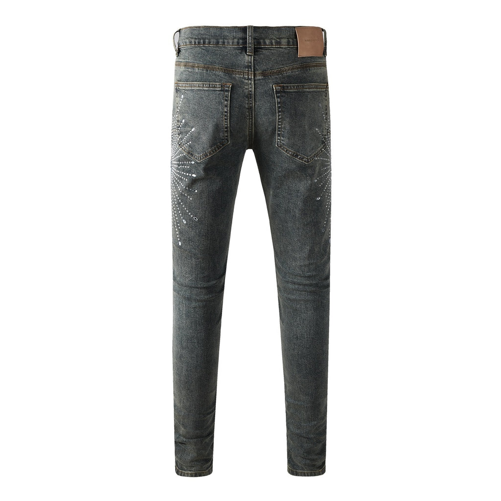 Men's Washed Blue Skinny Jeans with Ripped Holes, Rhinestones & Button Fly