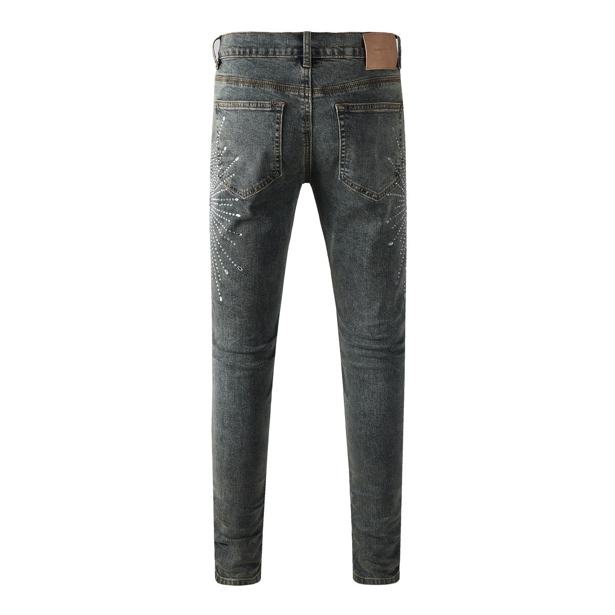 Men's Washed Blue Skinny Jeans with Ripped Holes, Rhinestones & Button Fly