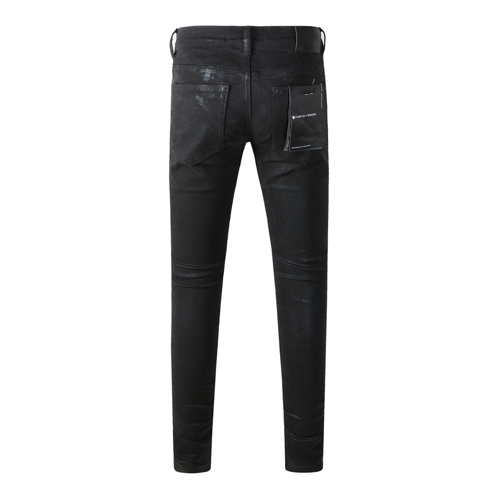 Men's Slim Fit Distressed Dark Black Coated Jeans with Ripped Holes & Button Fly