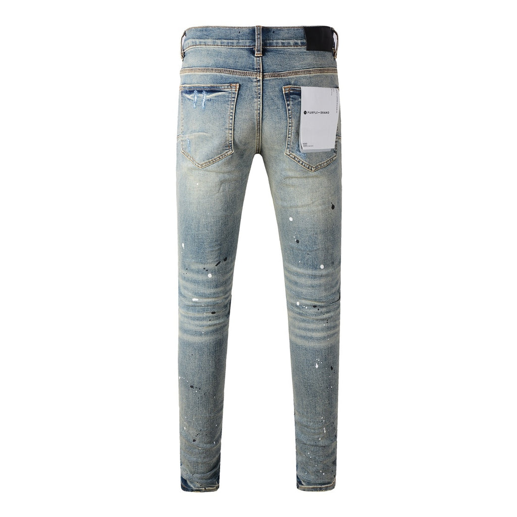 Men's Slim Fit Distressed Light Blue Damaged Holes Blue Patchwork Stretch Ripped Jeans Pants