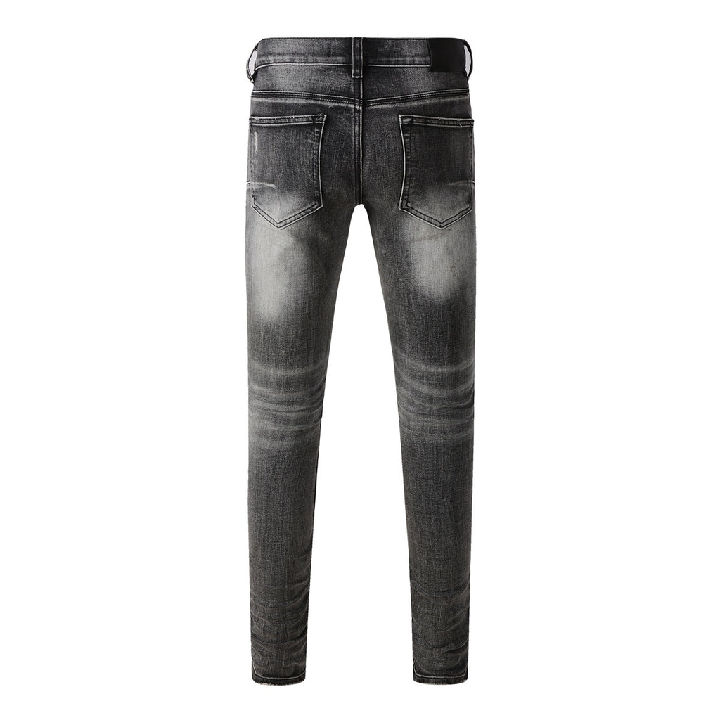 Men's Distressed Ash Gray Skinny Jeans with Ripped Holes & Button Fly
