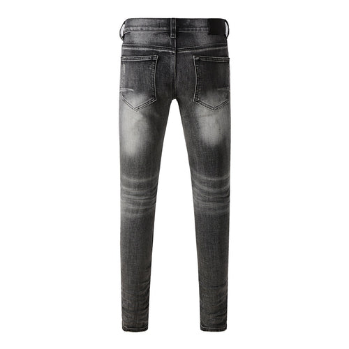 Men's Distressed Ash Gray Skinny Jeans with Ripped Holes & Button Fly