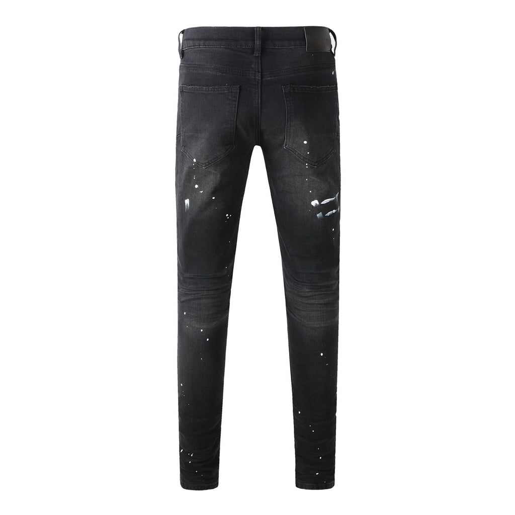 Men's Distressed Black Skinny Jeans with Graffiti Print, Ripped Holes & Button Fly