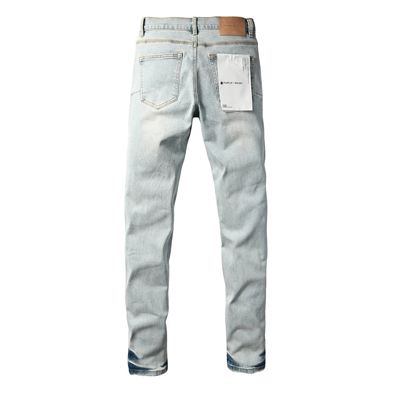 Men's Light Wash Sunburst Rhinestone Skinny Jeans | Streetwear Distressed Slim Fit Denim Pants