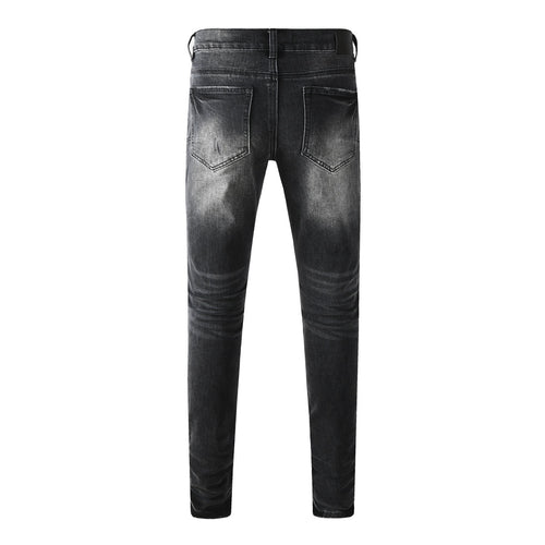 Men's Distressed Black Gray Skinny Jeans with Patchwork, Ripped Holes & Button Fly
