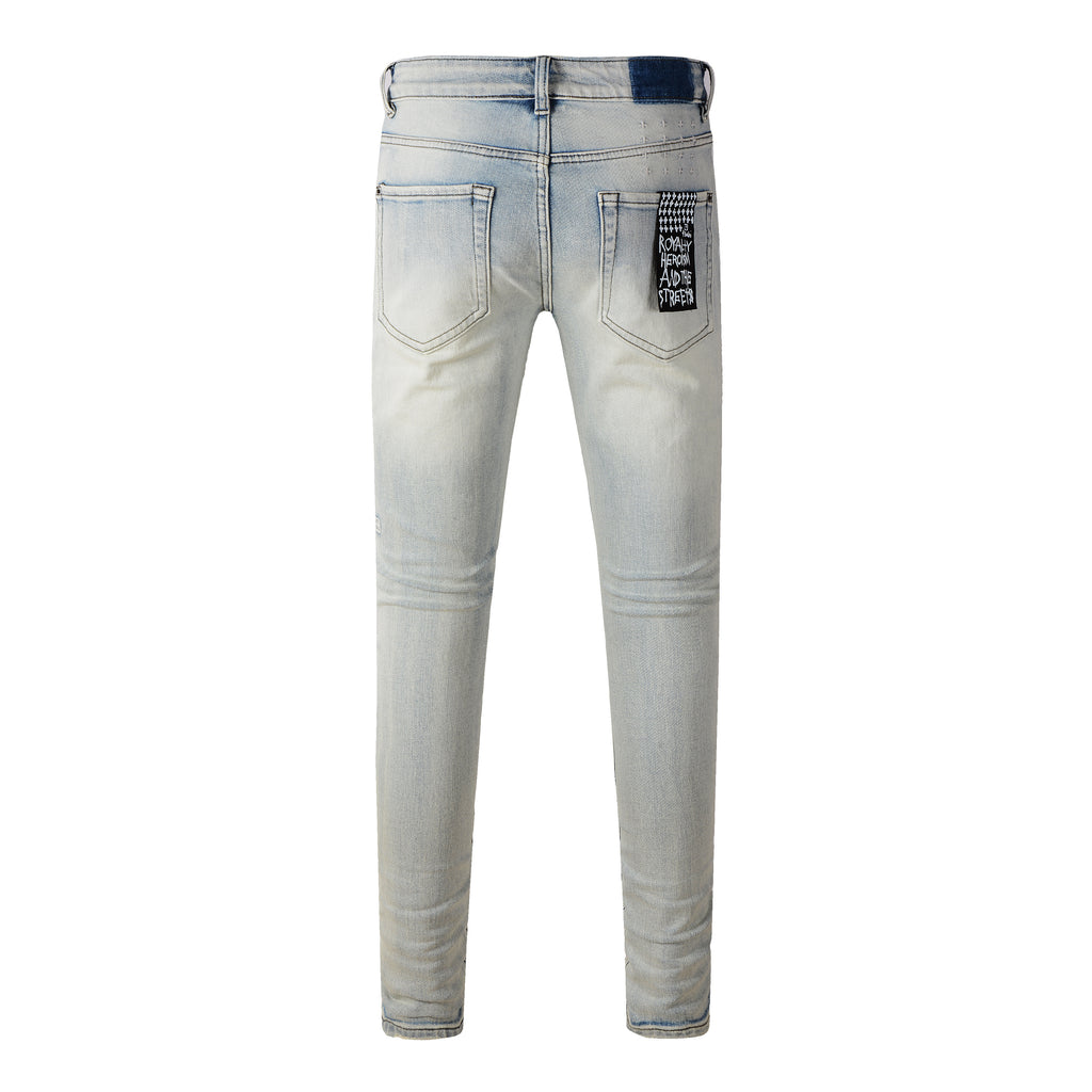 Men's Light Wash Graphic Print Distressed Skinny Jeans - Stretch Denim