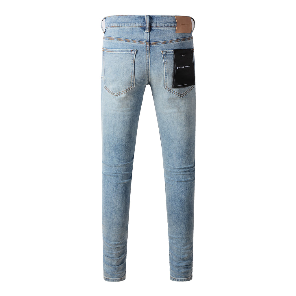 Men's Distressed Slim Fit Light Blue Skinny Jeans with Button Fly & Ripped Detailing