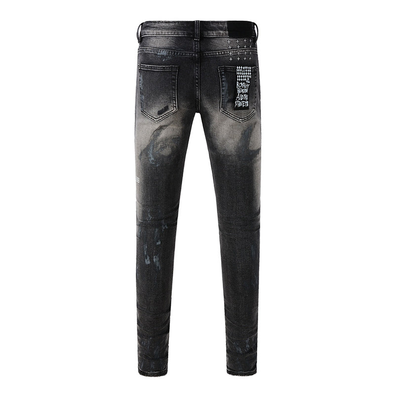 Men's Black Gray Washed Distressed Skinny Jeans - Streetwear Ripped Denim Pants