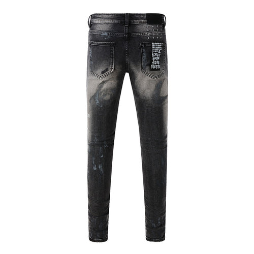 Men's Black Gray Washed Distressed Skinny Jeans - Streetwear Ripped Denim Pants