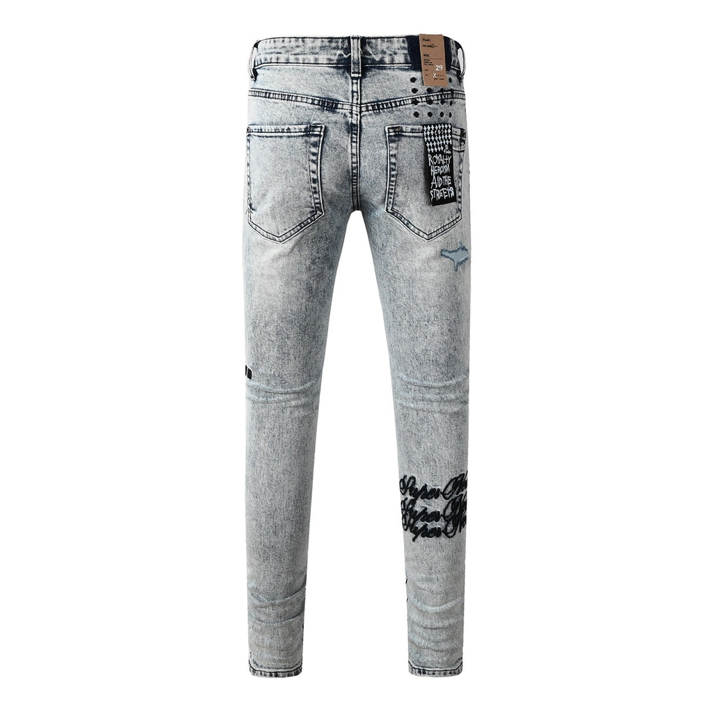 Men’s Acid Wash Skinny Jeans - Distressed Embroidered Street Denim