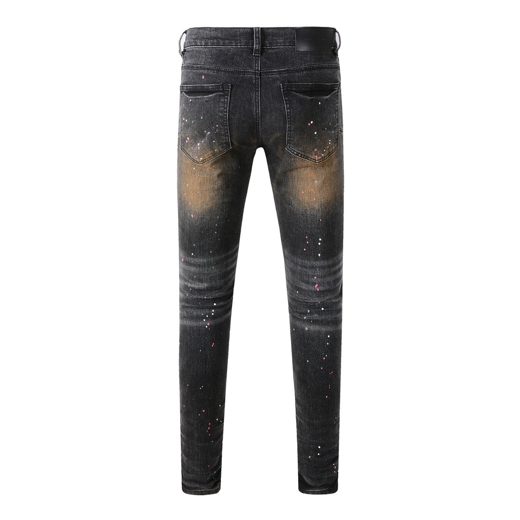 American Vintage Men's Distressed Dark Gray Skinny Jeans with Spray Paint & Ripped Holes