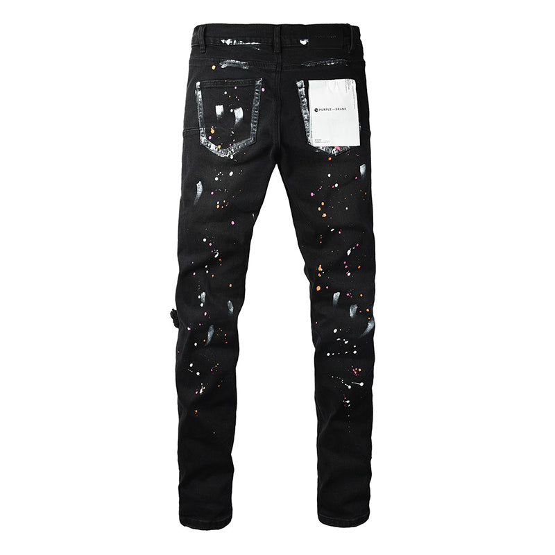 Men's Black Paint Splatter Distressed Skinny Jeans | Streetwear Ripped Slim Fit Denim Pants