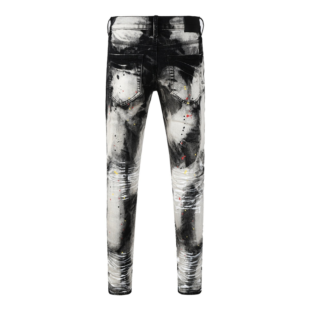 Men's Tie-Dye Graffiti Skinny Jeans with Ripped Holes & Button Fly