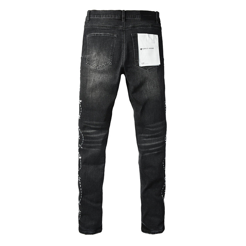 Men's Black Washed Bandana Rhinestone Skinny Jeans | Streetwear Slim Fit Embellished Denim Pants