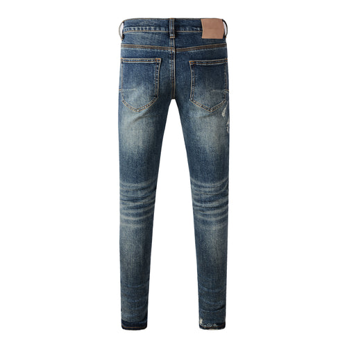 Men's Distressed Dark Blue Skinny Jeans with Ripped Holes & Button Fly
