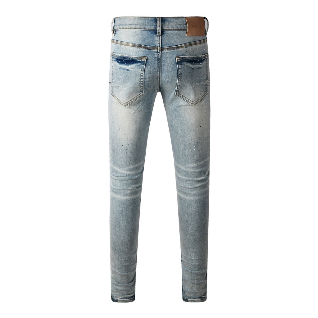 Men's Distressed Light Indigo Skinny Jeans with Transparent Rhinestones & Ripped Holes