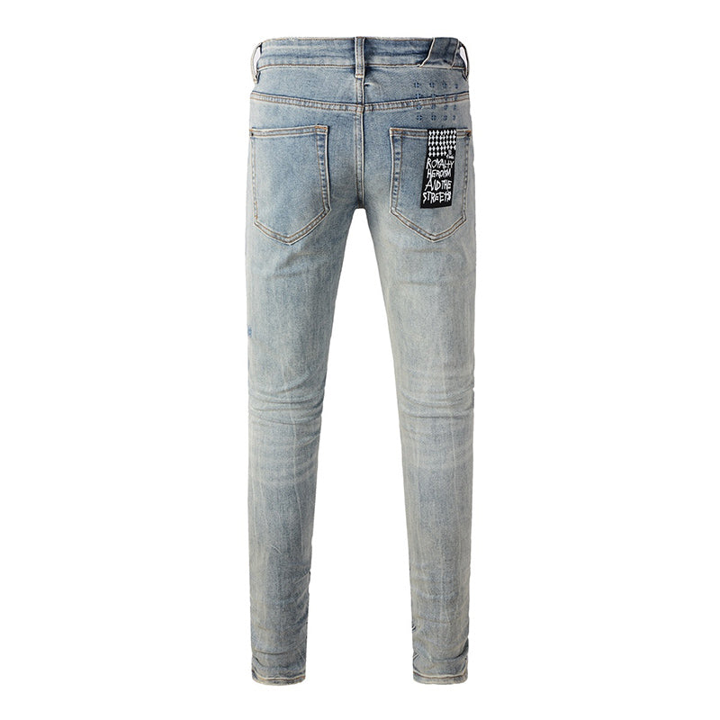 Men's Light Wash Ksubi-Inspired Graffiti Skinny Jeans - Slim Denim Pants