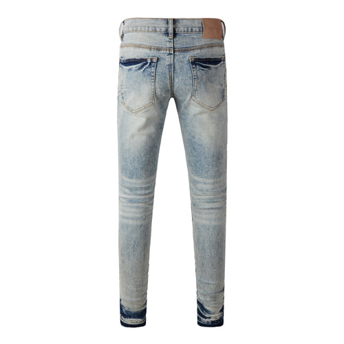 Men's Distressed Light Indigo Skinny Jeans with Ripped Holes & Button Fly