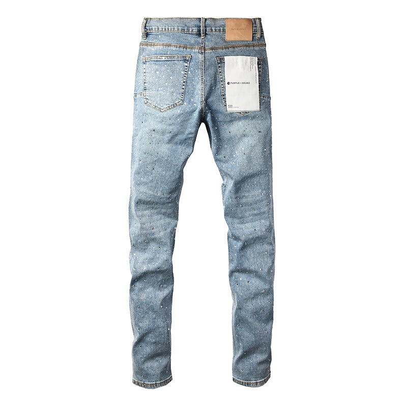 Men's Light Wash All-Over Rhinestone Skinny Jeans | Streetwear Slim Fit Embellished Denim Pants