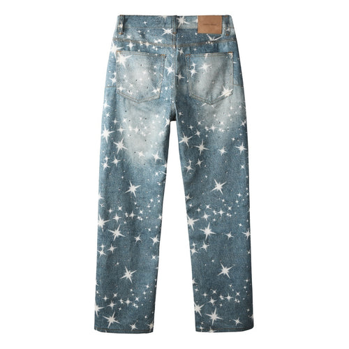 Distressed Blue Rhinestones Baggy Jeans - Printing Patterns & Loose Ripped Denim