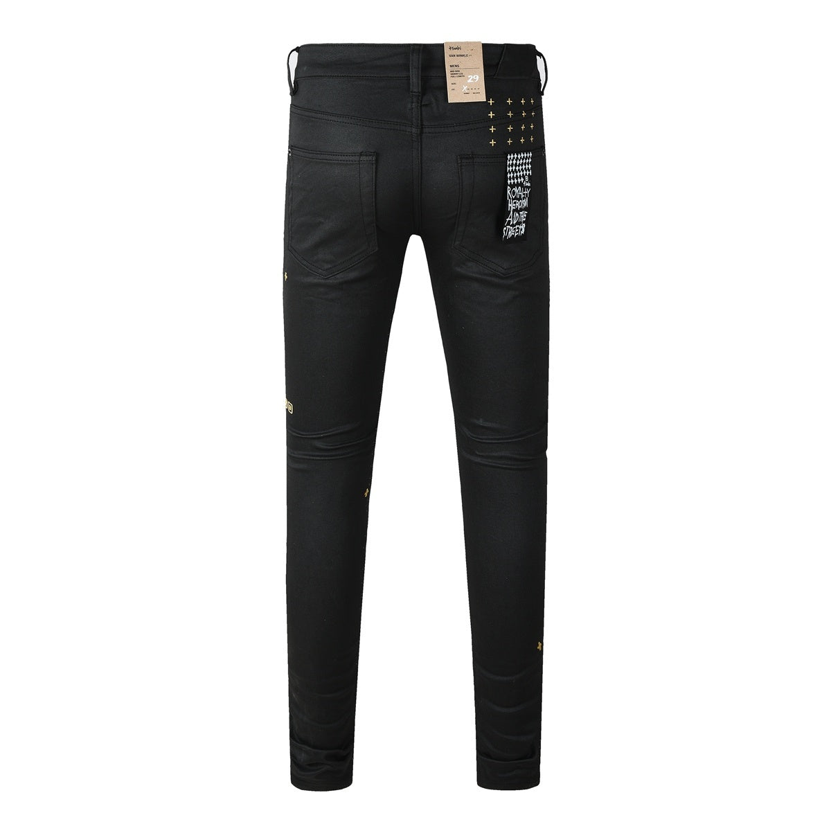 Men’s Black Waxed Skinny Jeans - Gold Studded Streetwear Denim