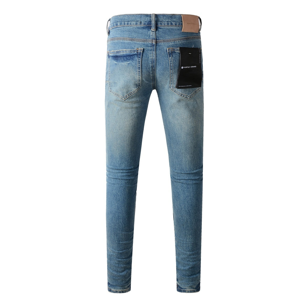 Men's Slim Fit Distressed Sea Blue Skinny Jeans with Button Fly & Ripped Detailing