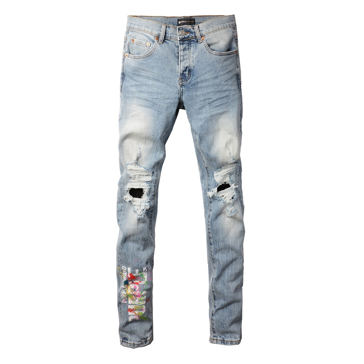 Men's Distressed Light Blue Skinny Jeans with Ripped Holes & Button Fly