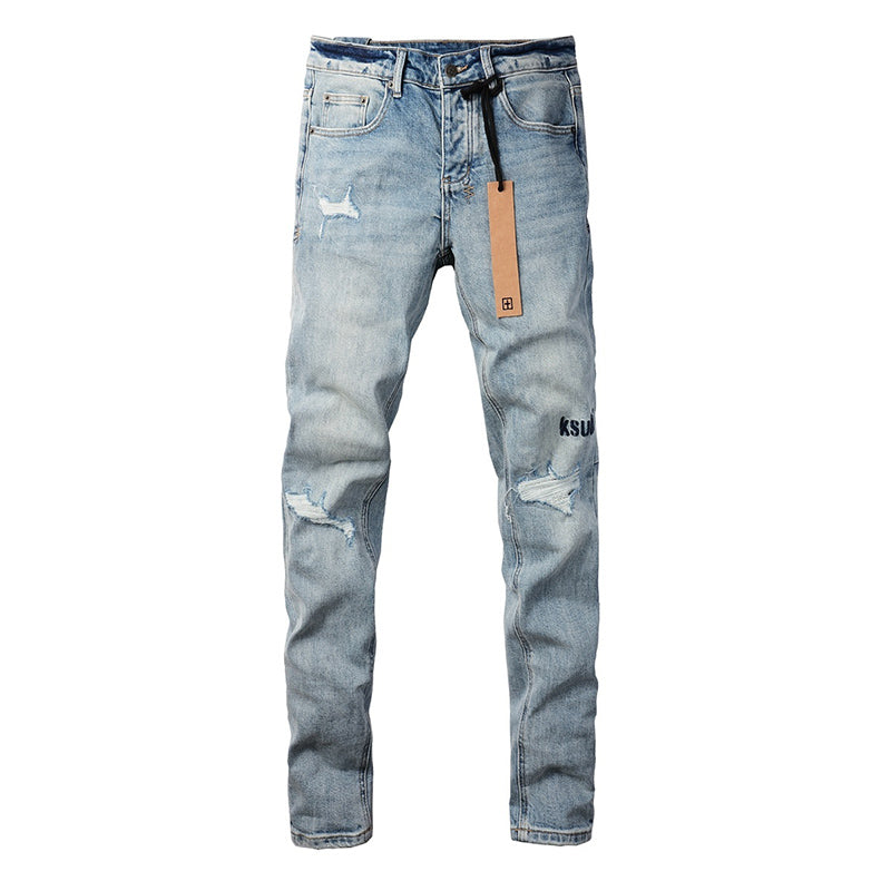 Men’s Light Blue Distressed Skinny Jeans - Ksubi Style Denim