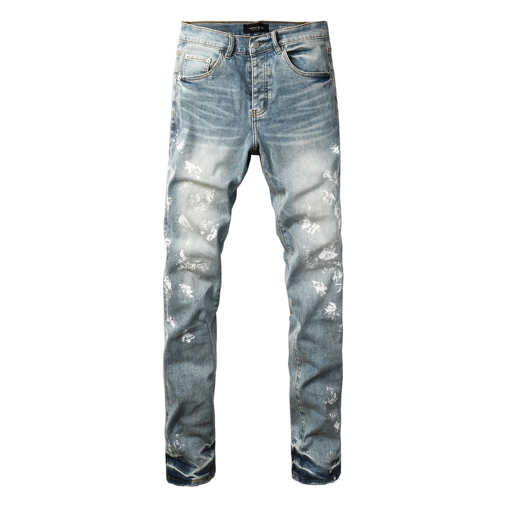 Men's Distressed Light Indigo Skinny Jeans with Graffiti, Ripped Holes & Button Fly