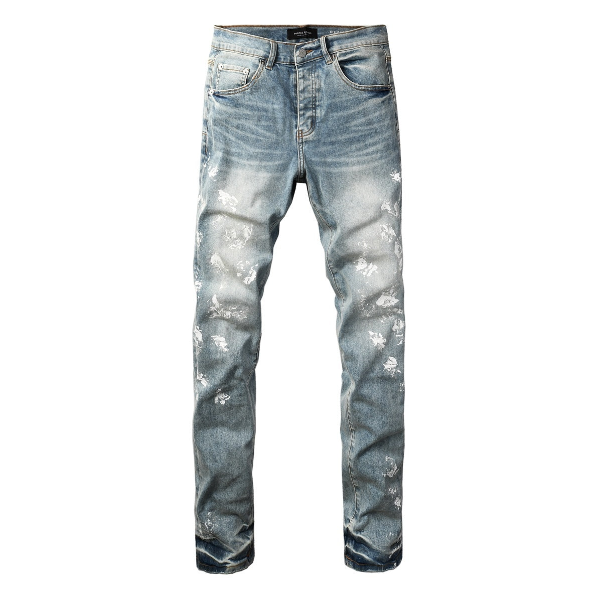 Men's Distressed Light Indigo Skinny Jeans with Graffiti, Ripped Holes & Button Fly